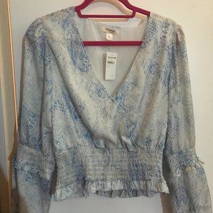 Satin Blue Snakeskin Long Sleeve Top